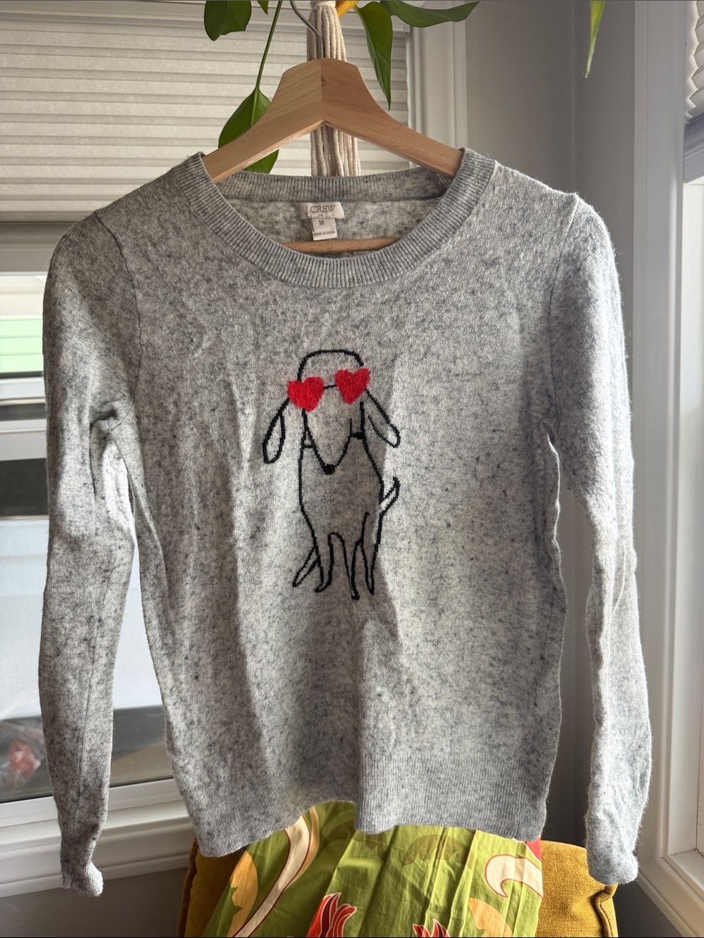 J. Crew Gray Crewneck Sweater with Red Heart Sunglasses Dog